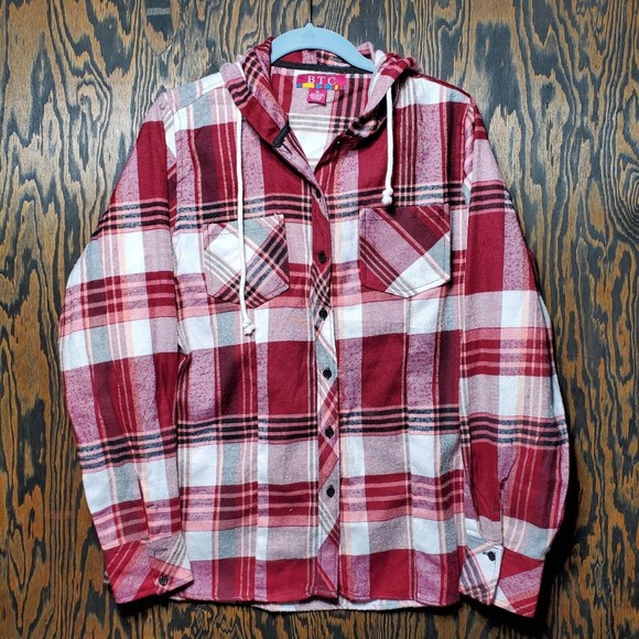 BTC Women's Button Up Hooded Shirt Size Medium Red White Plaid Flannel - Picture 1 of 6
